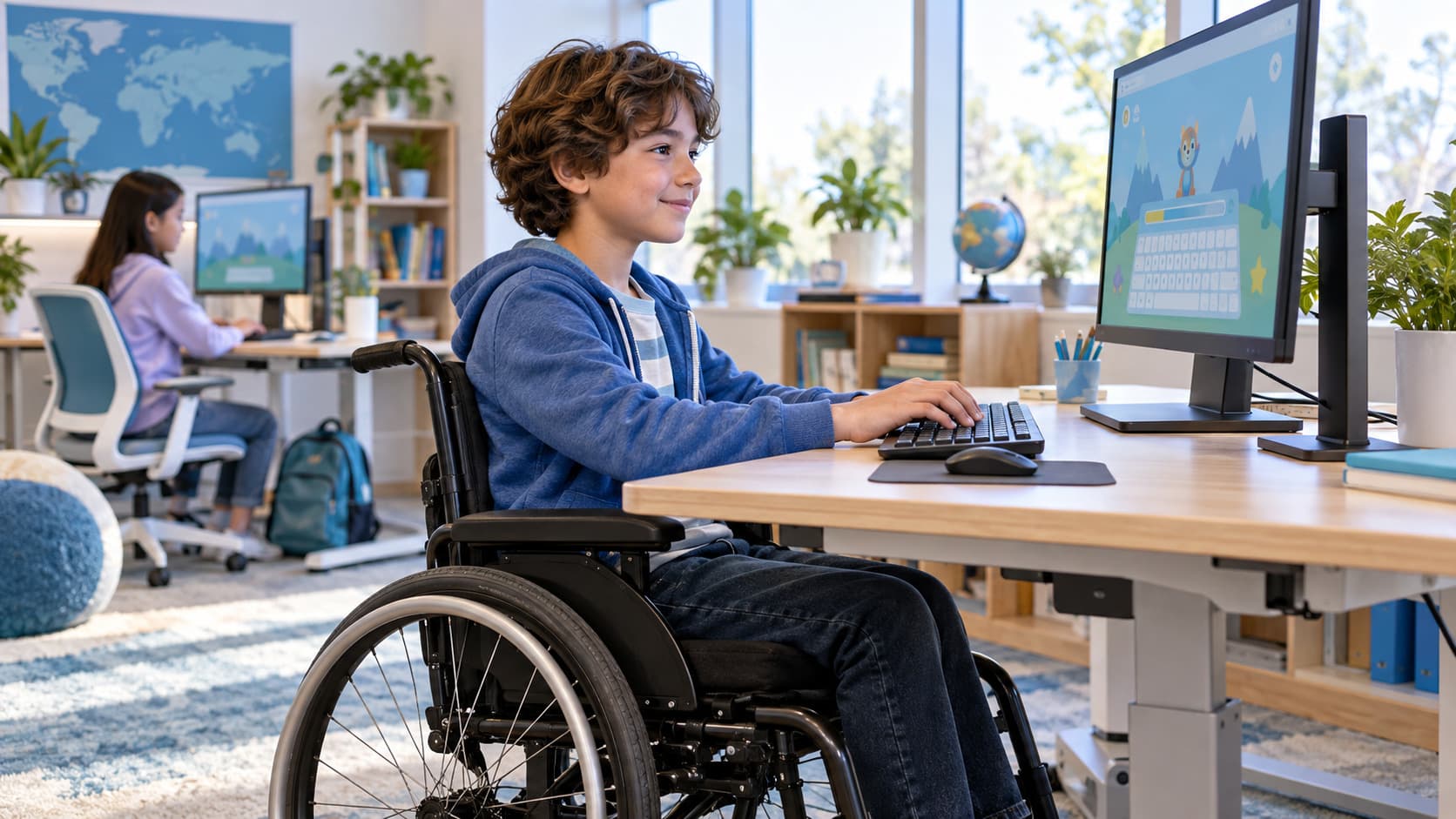 A student using a wheelchair typing at an adjustable-height desk in a classroom.
