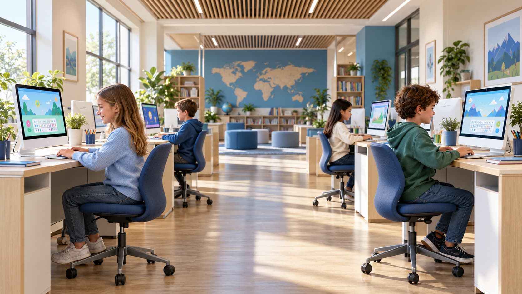 A class of students typing at computer workstations in a bright classroom.