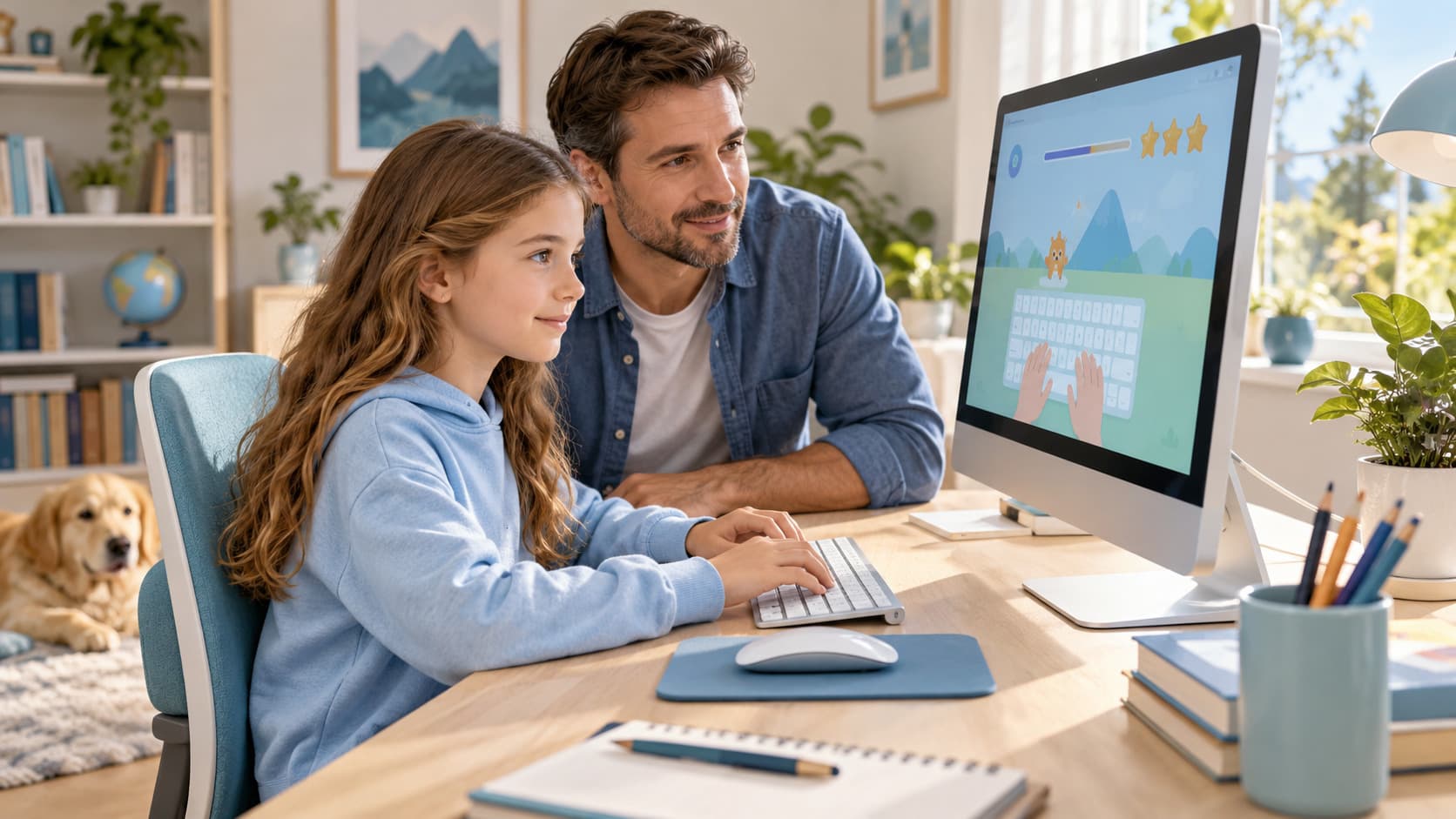 A parent and child sitting together at a home desk, watching a typing lesson on screen.