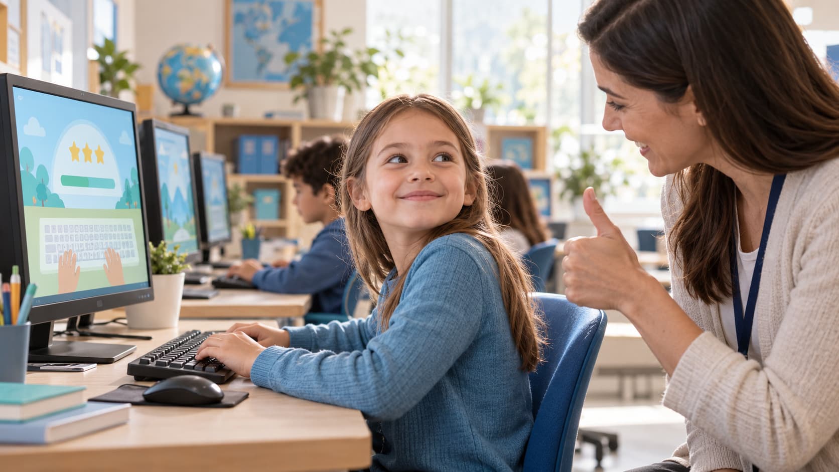A student smiling back at her teacher, who gives a thumbs up, after finishing a lesson with three stars.