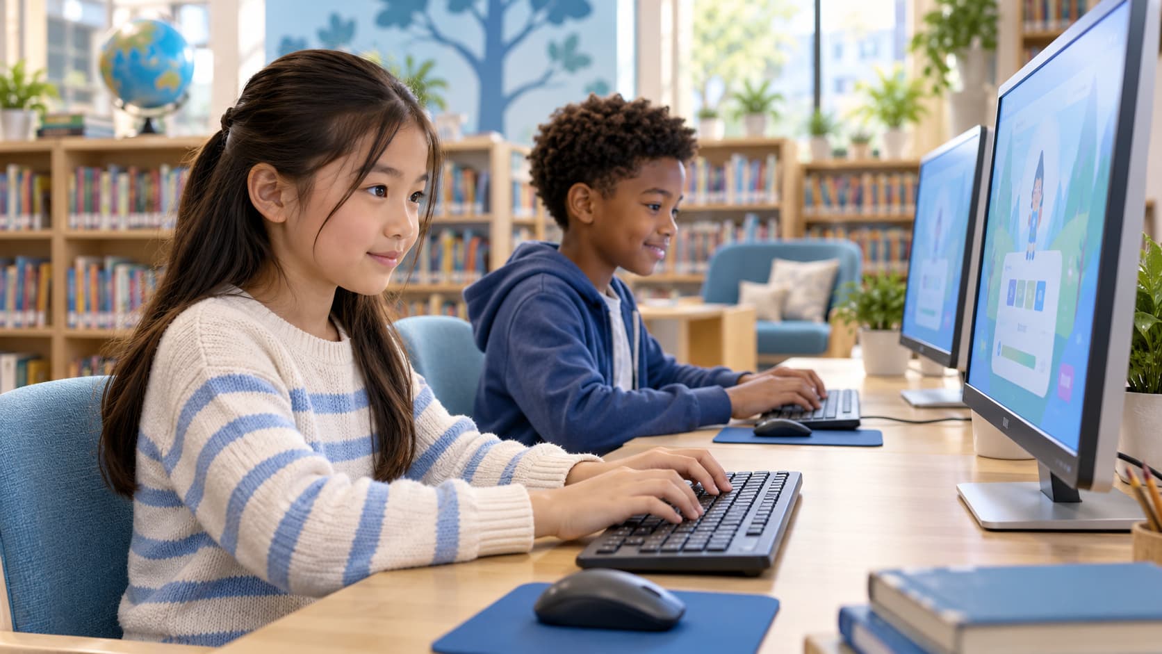 Two students of different ages typing side by side at a library workstation.