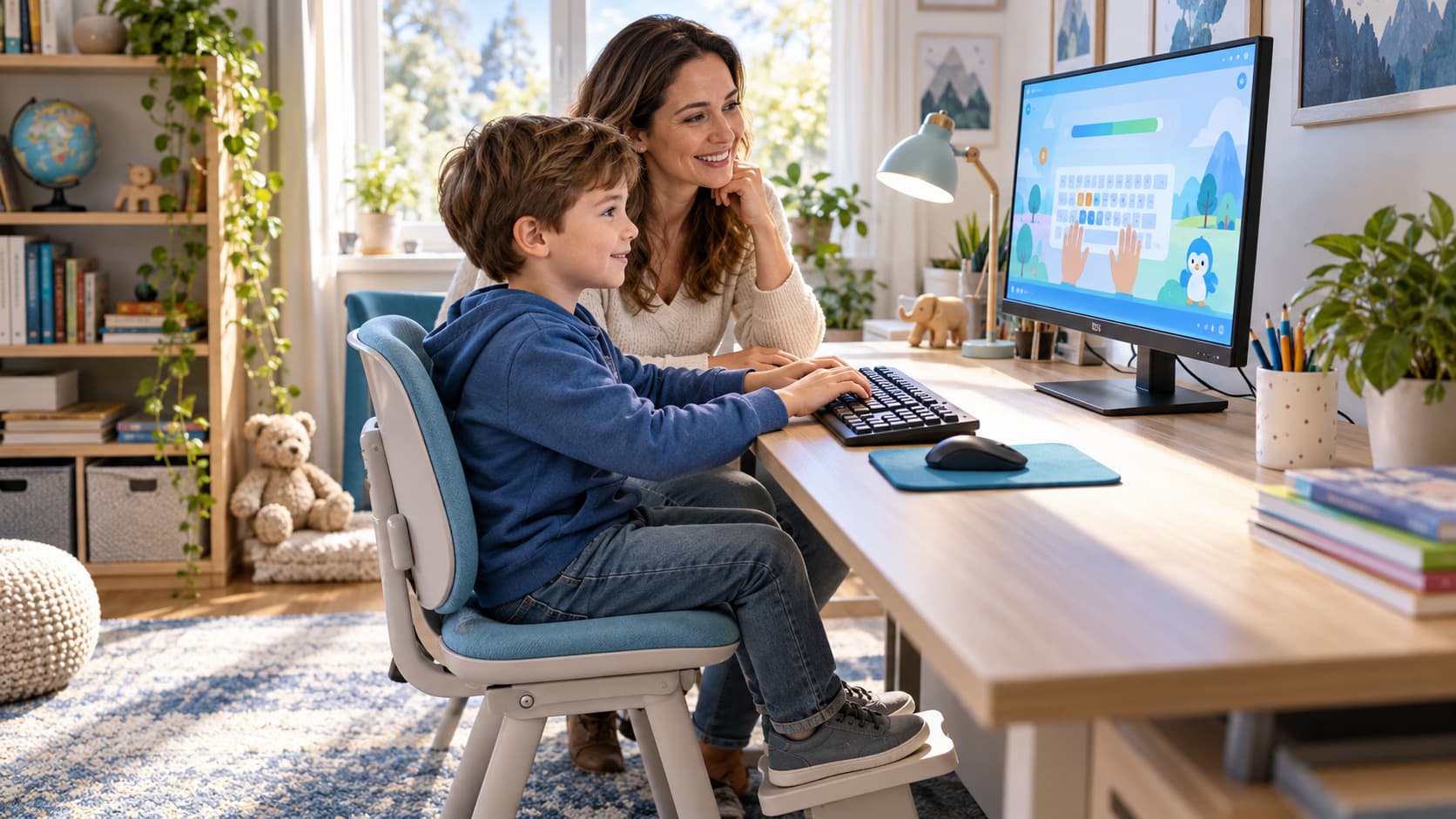 A parent and child looking together at a typing lesson on a home computer screen.